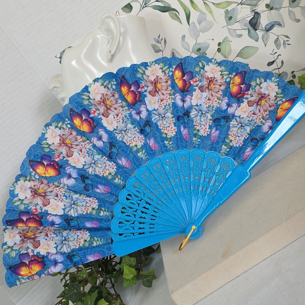 Turquoise Blue Flowers with Butterflies Accordion Folding Hand Fan